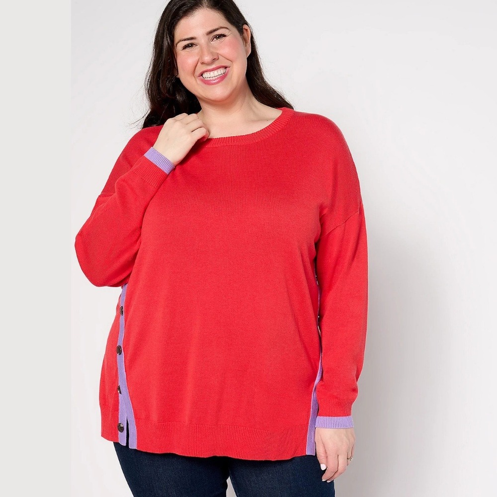 Belle by Kim Gravel Women's Red Gravel Bright Side Horn Button Sweater Size 3X